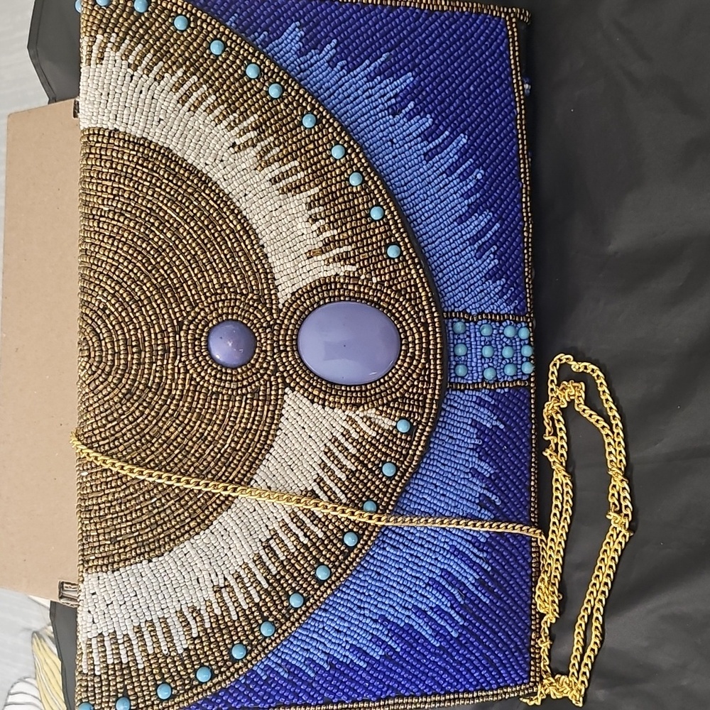 Beaded Blue and Gold Clutch With Matching Earring and Cuff - Picture 4 of 9